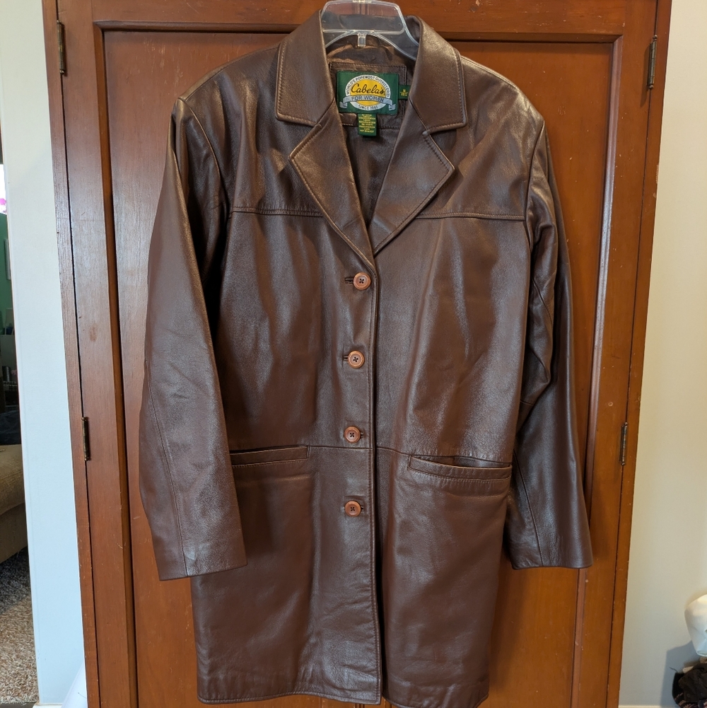 Women's Like New Brown Leather Longline Jacket Trench Coat
